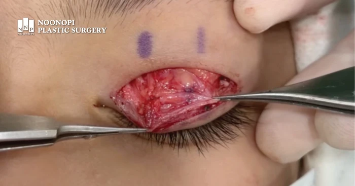 선천성안검하수의 눈 뜨는 근육 조직 변화를 보여주는 사진